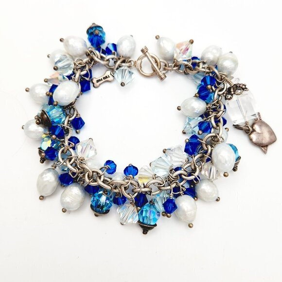 Genuine Textured Pearl Clear Blue Crystal Glass Beaded Charm 925 Silver Bracelet - Picture 1 of 4